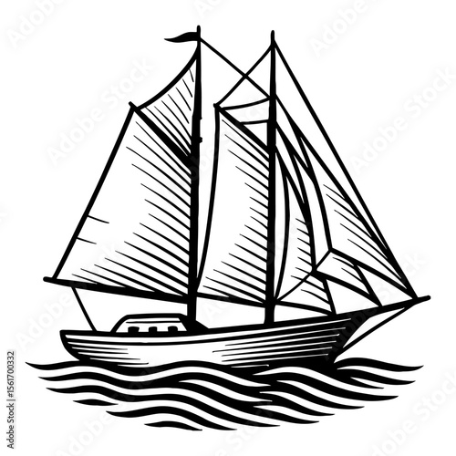 Classic Sailing Ship on Wavy Sea Vintage Black and White Outline Line Art Drawing Engraving Style