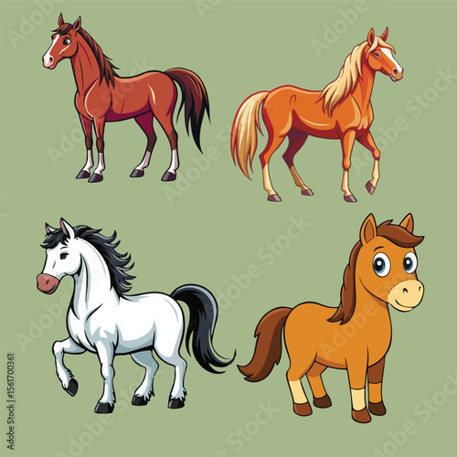 Four Cartoon Horses in Different Colors and Poses
