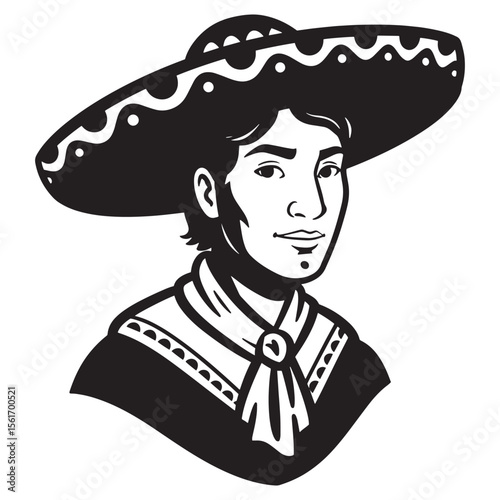 Black and white illustration of a handsome mexican man wearing a sombrero.
