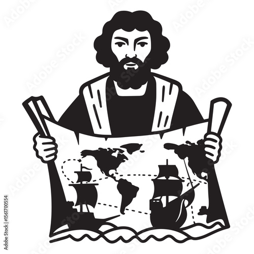 Black and white illustration of a mariner holding a map of the world with sailing ships