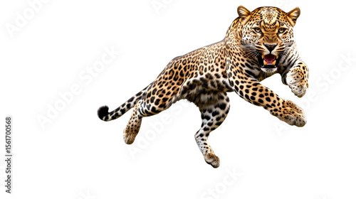 Leopard leaping, feline predator with open mouth, cut out transparent