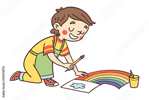 Rainbow painting: A cheerful child is engrossed in creating vibrant art, with a rainbow painting. The image showcases the creativity and the pure joy of a young artist.