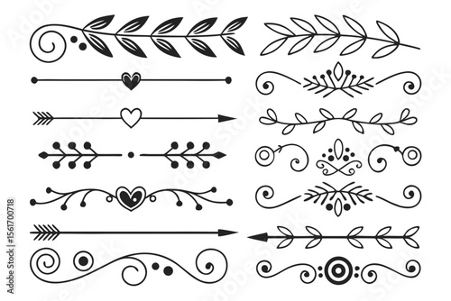 Elegant Hand-Drawn Divider Collection in Black Vector Featuring Arrows, Swirls, and Vintage Floral Borders. Decorative Line Art for Posters and Layout Design.

