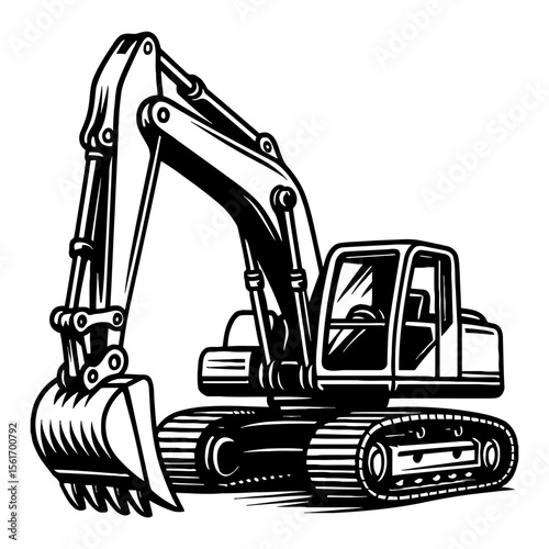 Excavator Digger Heavy Equipment Construction Vehicle Side View Black and White Outline Line Art Drawing