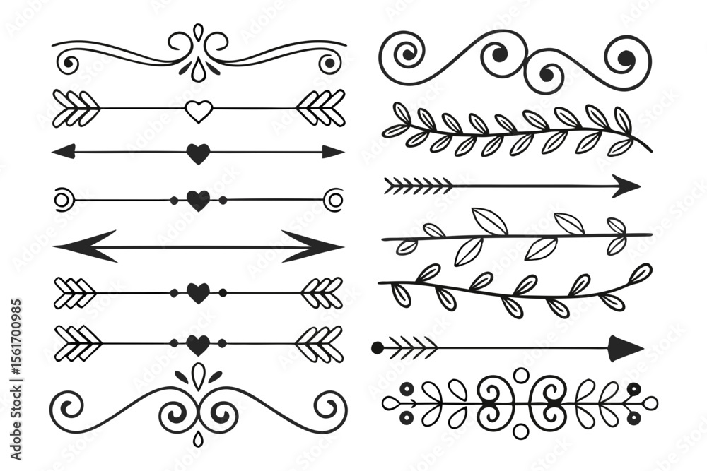 Fototapeta premium Ornamental Hand-Drawn Dividers in Black Vector Featuring Arrows, Swirls, and Floral Motifs. Elegant Borders for Layout Design and Wedding Projects.