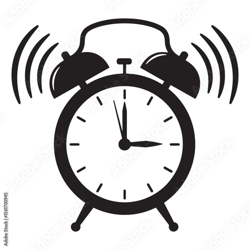 Black and white illustration of a ringing alarm clock indicating the time on a white background