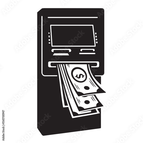 Black and white illustration of an atm dispensing paper money with a dollar sign.