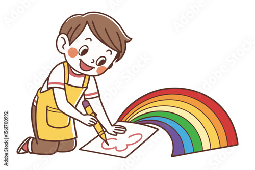 Artistic Imagination Unveiled: A young artist joyfully brings a colorful rainbow to life on a paper, radiating creativity and youthful expression.