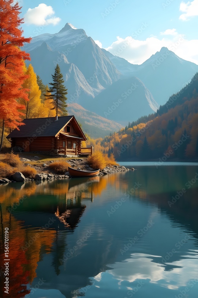 Fototapeta premium Autumn Mountain Reflections with Cozy Log Cabin and Boat by the Shore