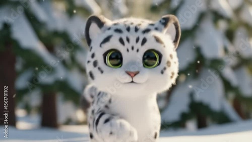 Wallpaper Mural A charming animated snow leopard with expressive eyes, set in a whimsical snowy forest. Ideal for children’s content or winter-themed stories. Torontodigital.ca