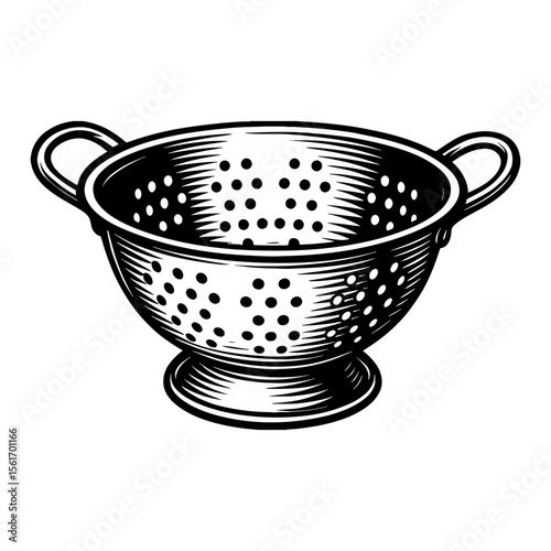 Colander with Handle Black and White Outline Line Art Drawing Illustration