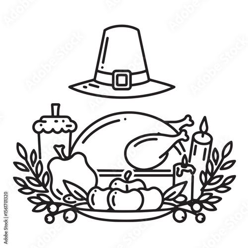 Black and white thanksgiving dinner illustration featuring a turkey pilgrim hat and festive elements