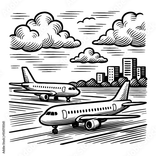 Two Airplanes on Runway with Clouds in Black and White Outline Line Art Drawing
