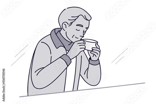 Serene Savor: An elderly gentleman, engrossed in the simple pleasure of savoring a warm beverage, embraces the comforting tranquility of a quiet moment. 