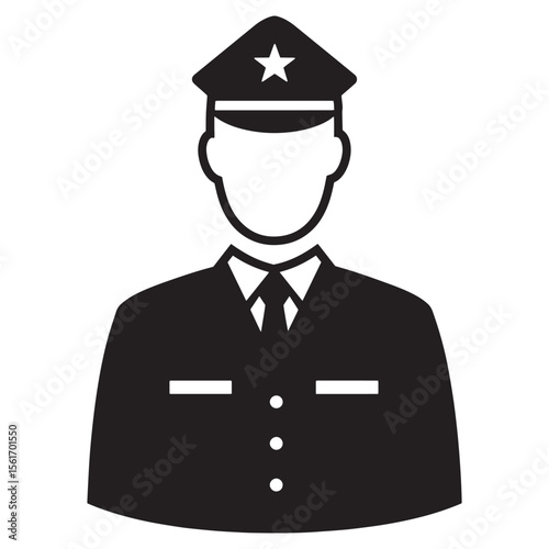 Black and white vector illustration of a police officer in uniform with a star on hat