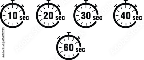 Stopwatch Icon Pack Showing Countdown Durations from Ten to Sixty Seconds