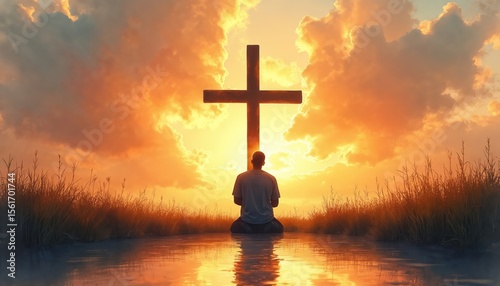 Silhouette of man praying before cross at sunset. Watercolor painting of spiritual reflection. Faith devotion concept, christian symbolism, sacred, divine, contemplative, belief, religion, heaven.