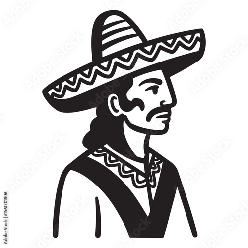 Classic illustration of a mexican man wearing a sombrero in black and white