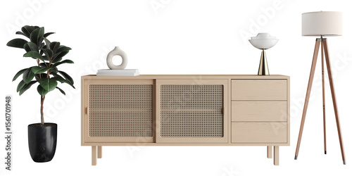 Foto Natural Wood Sideboard with Floor Lamp and Plant PNG Transparent Background Fron