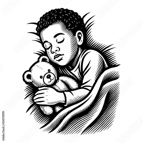 Toddler Sleeping with Teddy Bear Black and White Outline Line Art Drawing Illustration
