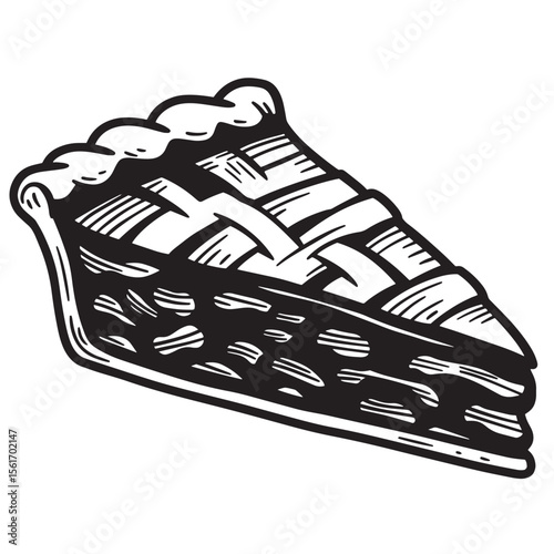 Detailed black and white illustration of a delicious slice of apple pie dessert