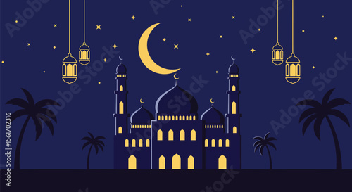 Eid Mubarak Celebration with Mosque Crescent Moon Lanterns Stars and Palm Trees Illustration