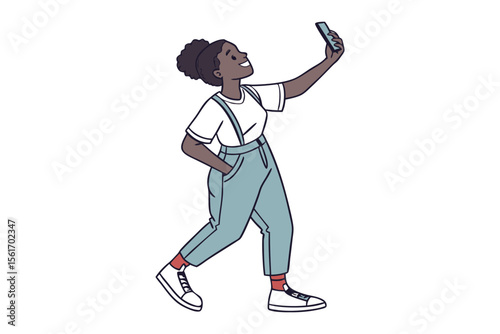 Woman Taking Selfie: A cheerful woman captures a selfie, her casual attire and confident pose reflecting modern lifestyle.