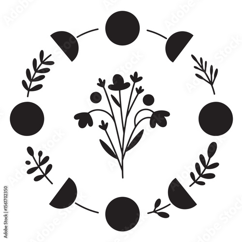 Elegant black and white floral design with moon phases in circular arrangement