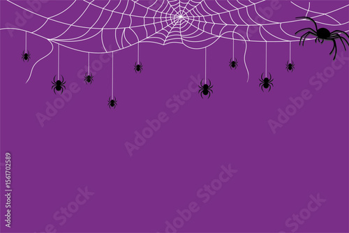 Purple Halloween background with hanging spiders and spiderweb border, perfect for spooky holiday themes and party invitations.