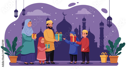 Happy Muslim Family Celebrating Eid with Gifts in Front of a Mosque Silhouette