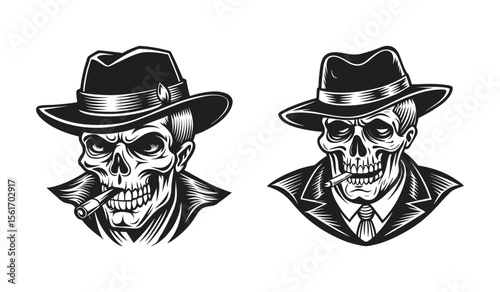 Skull in Fedora Hat with Cigar in Mouth Grayscale Silhouette of Smoking Skeleton Wearing Classic Headwear