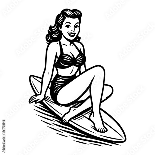 Vintage Pin Up Girl in Bikini Sitting on Surfboard Black and White Outline Line Art Drawing Copilot