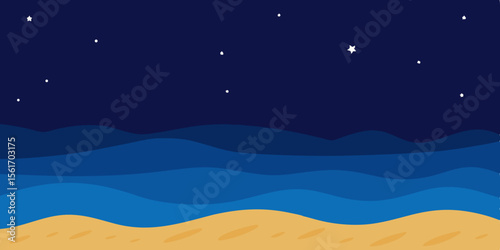 Serene Nighttime Beach Scene Stars, Sand, and Calm Ocean Waves