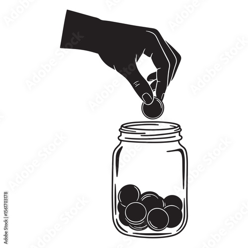 Hand placing coin into a jar filled with money illustrating savings and investment