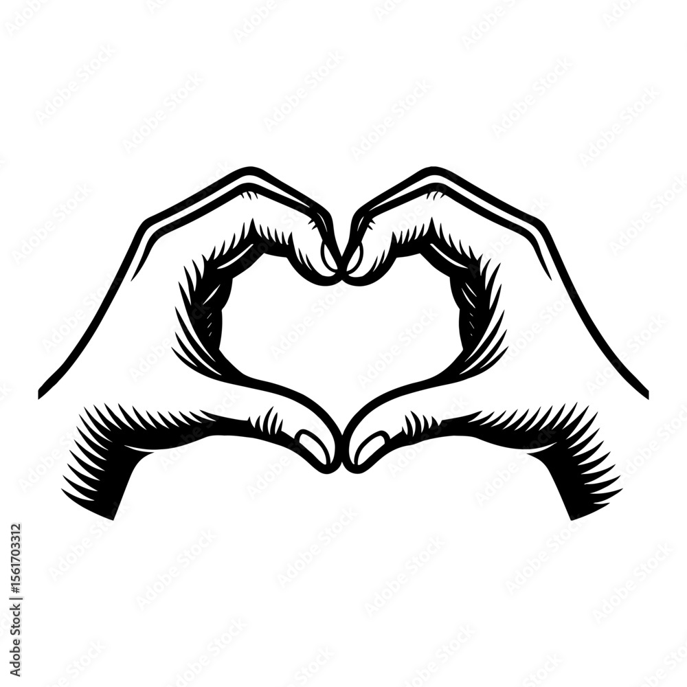 Obraz premium Graceful Pair of Human Hands Making Heart Shape Gesture Black and White Outline Line Art Drawing Vector