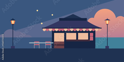 Serene Seaside Eatery Nighttime Coastal Restaurant Illustration