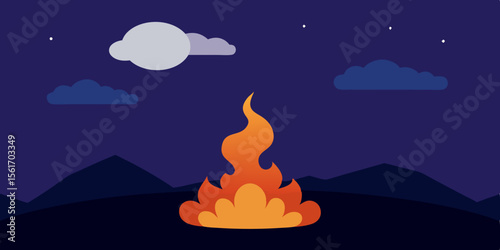 Night Bonfire Peaceful Mountain Campfire Scene Illustration