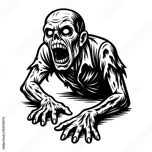 Horrifying Scary Zombie Creature Crawling Forward Screaming Mouth Open Black and White Outline Line Art Drawing