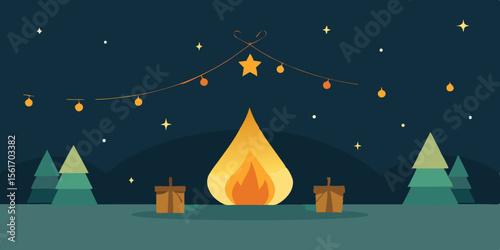 Cozy Campfire Night Festive Lights and Starry Sky Illustration