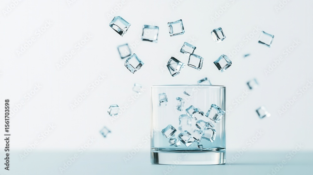 Obraz premium Ice cubes are falling and bouncing inside a transparent glass on a light blue background, creating a refreshing image