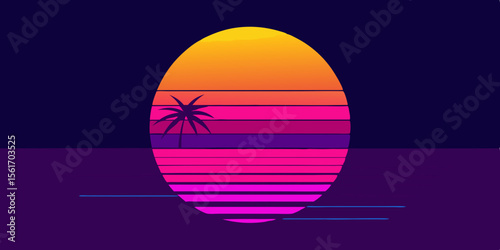 Retro Sunset Palm Tree Silhouette in Vibrant 80s Style