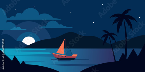Serene Night Sailboat Tropical Moonlight Escape