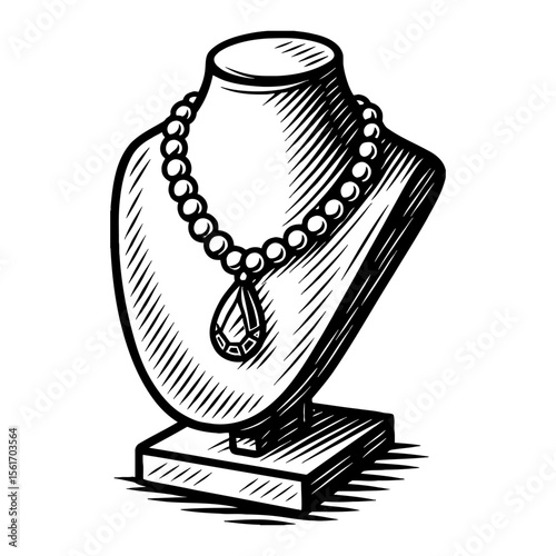 Jewelry on Mannequin Display Black and White Outline Line Art Drawing Illustration Style