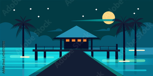 Tranquil Night Scene Beach House Under Starlit Sky