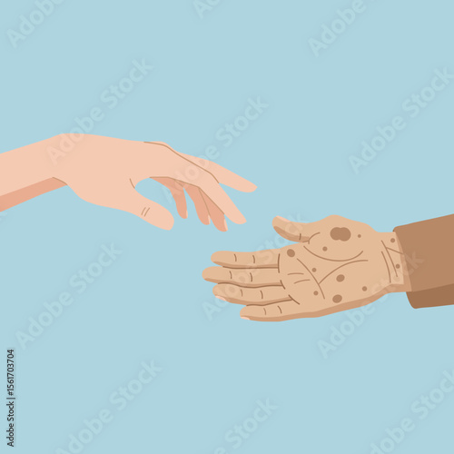 Young and elderly hands reaching out for connection on blue background  