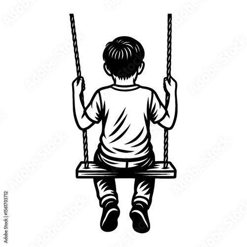 Boy Sitting on Swing Black and White Outline Line Art Drawing from Behind in Vintage Style