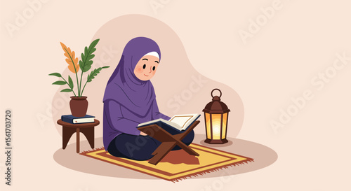 Muslim woman reading holy Quran book during Ramadan month with lantern and plant illustration