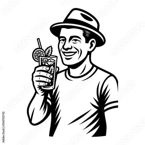 Man Holding Glass of Mojito Cocktail Smiling in Black and White Outline Line Art Drawing
