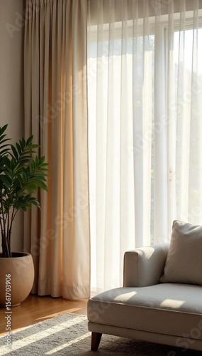 Sheer Curtains Filter Sunlight in Modern Living Room, Creating a Calming and Airy Atmosphere, Ideal for Interior Design Inspiration