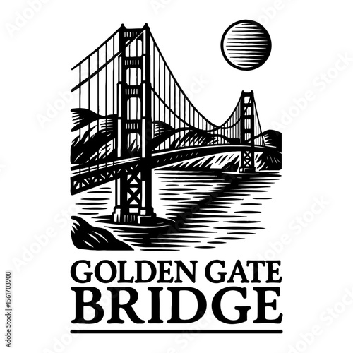 Golden Gate Bridge Over Water Black and White Outline Line Art Drawing Vector Illustration Logo
